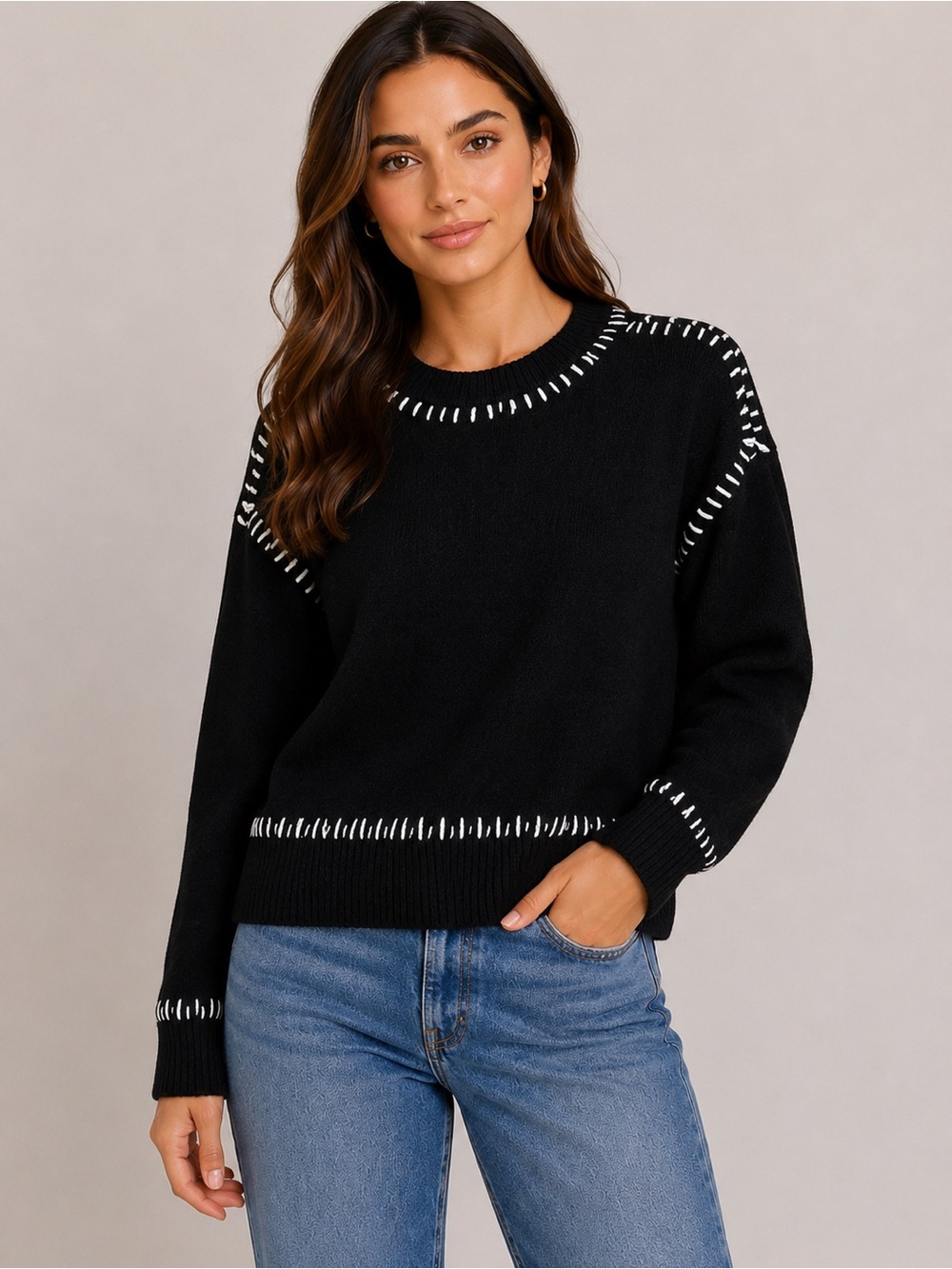 Bloomingdale’s AQUA Crewneck Sweater Black Size Medium